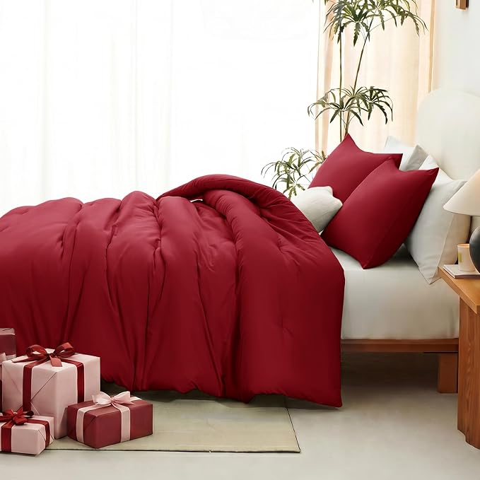 California King Comforter Set, 3 Pieces Dark Red Quilted Bedding | 270 GSM Down Alternative Fill, 4 Corner Ties for Duvet Insert Use, All Season, OEKO-TEX Certified, 2 Pillowcases, 104 x 96 in