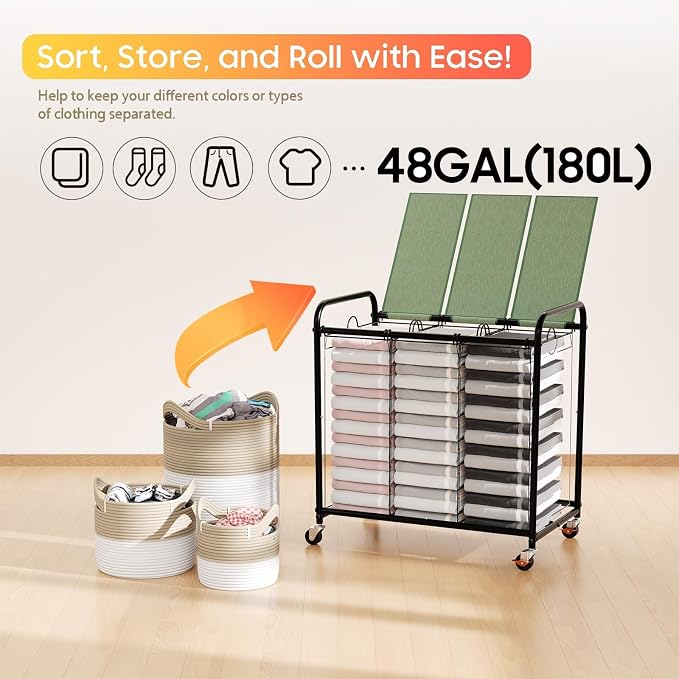 180L Laundry Sorter 3 Section, Rolling Laundry Basket with Wheels and Lid | 47.55 Gal Laundry Hamper, 3 Separated Removable Bags, Lockable Wheels, Dirty Clothes Hamper for Laundry Room Organizer, Green