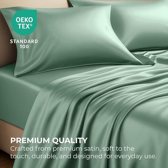 Satin Sheets Full [4-Piece, Champagne Green] Hotel Luxury Silky Bed Sheets - Extra Soft 1800 Microfiber Sheet Set, Wrinkle, Fade, Stain Resistant - Deep Pocket Fitted Sheet, Flat Sheet, Pillow Cases