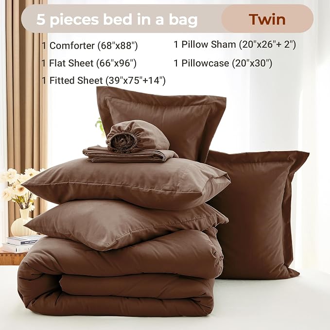 5 Pieces Twin Comforter Set, Soft Bed in a Bag Twin Size, All Season Bedding Set with Comforter, Flat Sheet, Fitted Sheet, Pillowcases & Shams, Brown