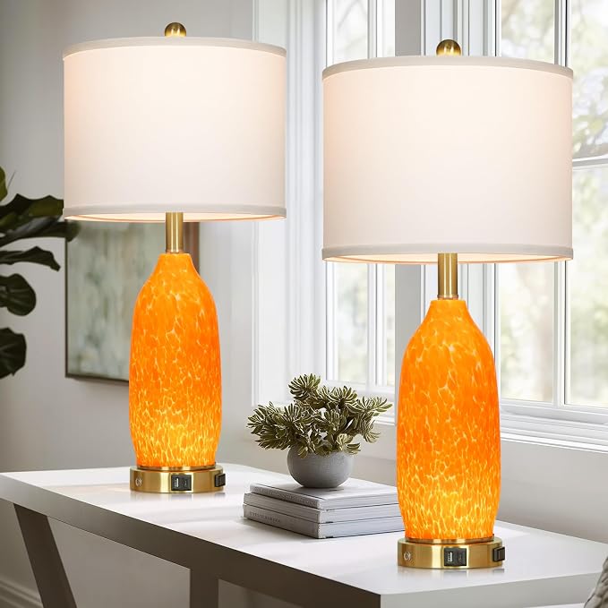 Rinweey 26" Modern Orange Glass Table Lamp Set of 2,Bedside Lamps with USB A+C Ports & AC Outlet, Nightstand Lamp with 3-Way Dimmable Touch Control Night Light for Bedroom Living Room(Bulbs Included)