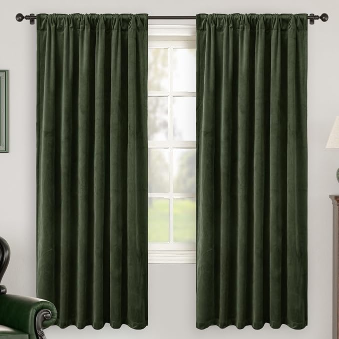 BGment 72 Inch Velvet Blackout Curtains for Bedroom, 2 Panels, Olive Green | 52x72 Inch Curtains for Living Room, Thermal Insulated, Super Soft, Soundproof, Room Darkening, Elegant, Back Tab Rod Pocket
