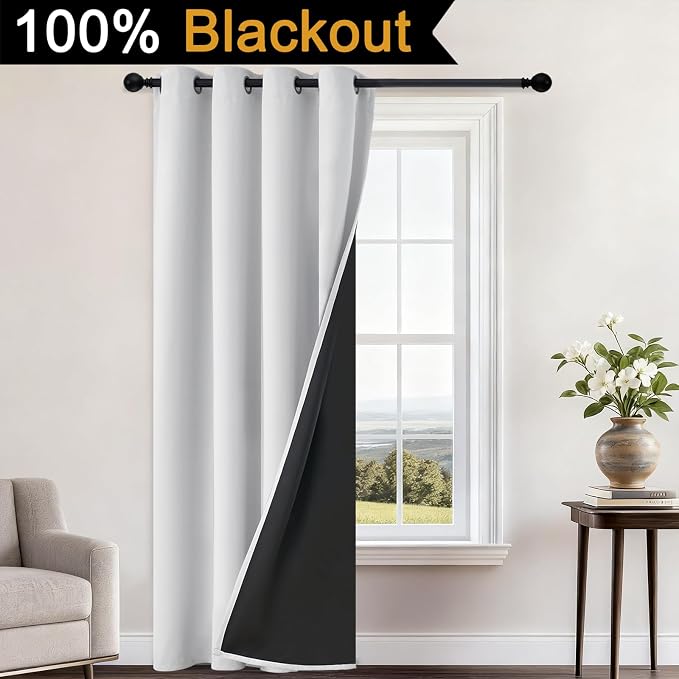 Yakamok Greyish White Blackout Curtains 96 Inches Long 52" Wide, 1 Panel | Blackout Curtain Panels for Bedroom, 2 Thick Layers Grommet Top Thermal Insulated Drapes with Black Liner for Living Room