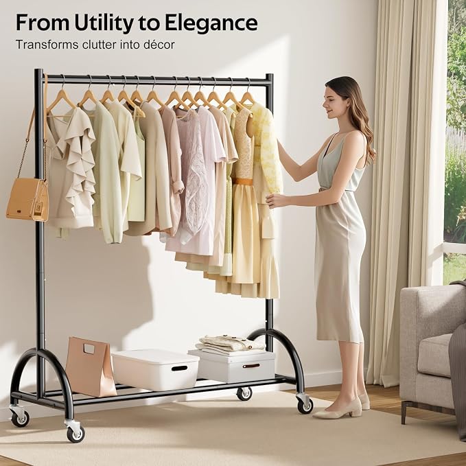 MISSLO Heavy Duty Clothing Rack with Wheels Rolling Clothes Racks for Hanging Clothes, Coats, Garment, Dress, Black (Pack of 2)