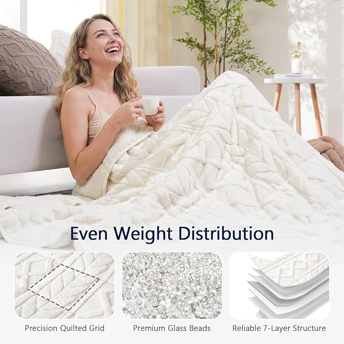 Mr. Sandman Weighted Blankets for Adults, Queen Size 60 x 80 Inches, 15lbs | Machine Washable; Soft Warm Sherpa Fleece; Fluffy Jacquard with Glass Beads; Heavy Throw for Sleep and Calm; Ivory White