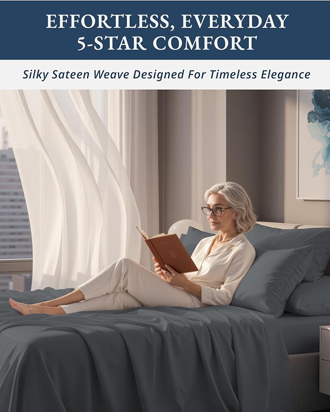 LANE LINEN 100% Egyptian Cotton Split King Sheets Sateen Weave - Charcoal | Split King Sheets Sets For Adjustable Bed - 5-Piece Set, For A Luxurious Night's Sleep, For A Silky Hotel-Style Bed