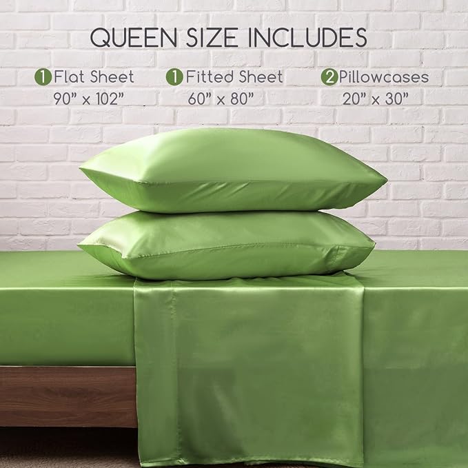 MR&HM Satin Sheets Queen Size with Elastic Corner Straps, Sage | Similar to Silk, 4-Piece Silky Soft Bed Sheet Set, Gentle on Skin and Hair, 15" Deep Pocket, Cooling & Breathable