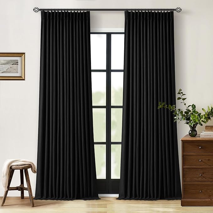 Black Pinch Pleated Linen Blackout Curtains 90 Inches Long for Bedroom | 100% Black Out Thermal Insulated, Pinch Pleat with Ring Hooks Back Tab, Room Darkening Drapes with Liner, for Living Room