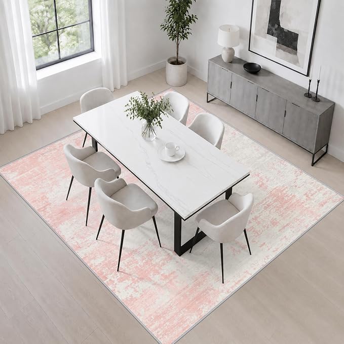 Area Rug Living Room: 8x8 Modern Washable Soft Carpet Pink White | For Bedroom Dining Room Farmhouse Nursery Hallway Office,Modern Abstract,Machine washable,Non-Slip,Stain Resistant,Indoor