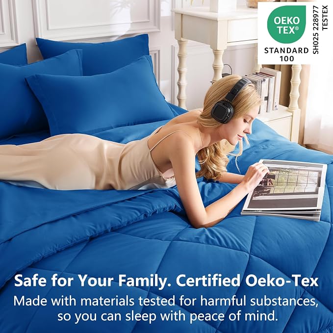 Twin XL Comforter Set Classic Blue - 5 Pieces Complete Bedding Set | College Dorm Essentials, OEKO-TEX Certified, All Season, 240GSM Down-Alternative Comforter, Sheets, Pillowcase & Sham