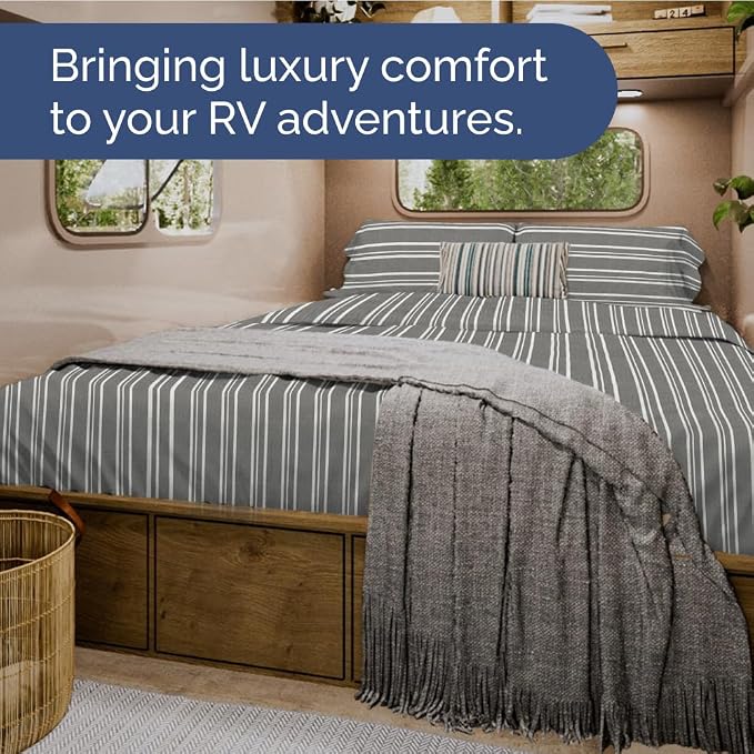 Short Queen Size 4 Piece Bed Sheet Set - RV Short Queen - Grey Stripes | Ultra-Soft, Breathable & Cooling Bed Sheets Set with Deep Pockets, Hotel Luxury Bedding for Women & Men, Wrinkle & Fade Free