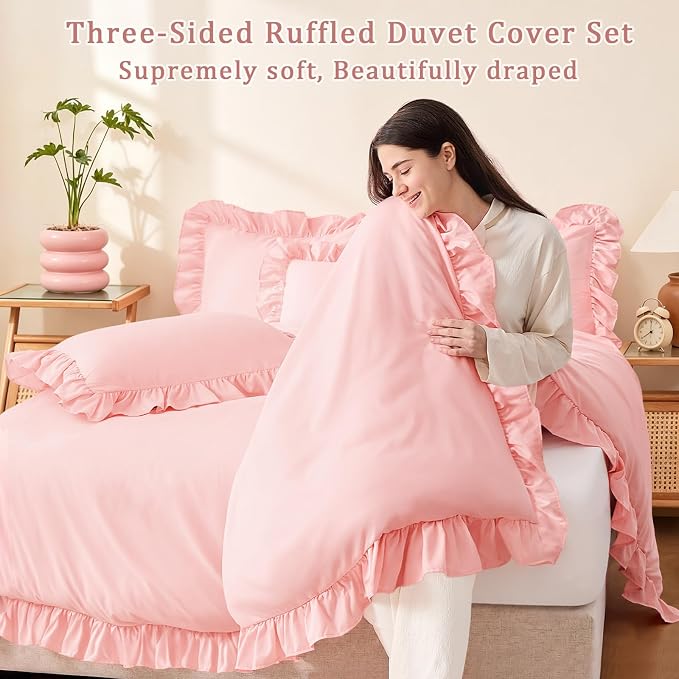 FUANNA Pink Duvet Cover Queen Size 3 Pieces, Washed Microfiber | Ultra Soft 4-Inch Ruffle Duvet Cover Set with Corner Ties & 2 Pillow Shams, Vintage Bed Set for Women & Girls, No Comforter