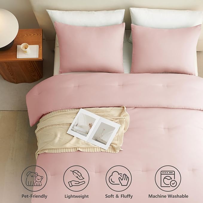 Full Comforter Set, 3 Pieces Down Alternative Bedding, Blush Pink | 270 GSM All Season Comforter with 4 Corner Ties for Use as a Duvet Insert, OEKO-TEX Certified, 2 Pillowcases, 82 x 86 in