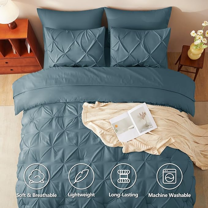 Twin XL Comforter Set Mineral Blue, 5 Pieces Pintuck Bed in a Bag | College Dorm Essentials, OEKO-TEX 100 Certified, 240GSM All Season, Down-Alternative Comforter, Sheets, Pillowcase & Sham