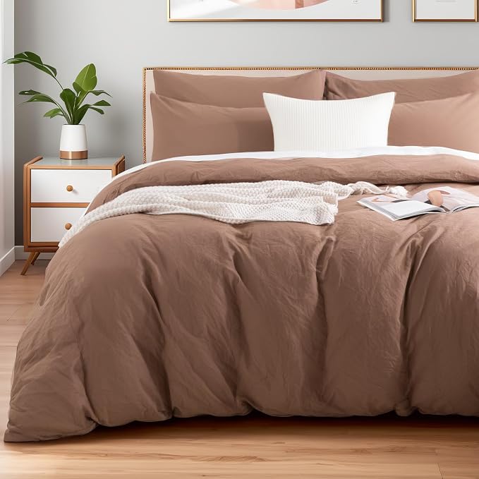 NEXHOME PRO Duvet Cover Set 100% Washed Cotton Full Size Linen Feel Textured Organic Natural 3 Pieces Bedding Set Mocha Brown with Zipper Closure and Corner Ties, Breathable (No Comforter)