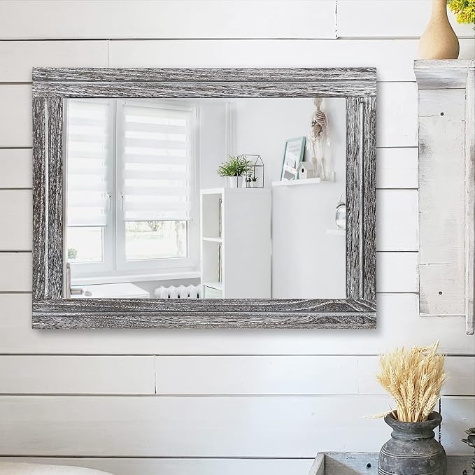 AAZZKANG Rustic Mirror Wood Framed Wall Mirrors Large 20"x16" Rectangle | Decorative for Bedroom Bathroom Farmhouse Living Room Home Entryway