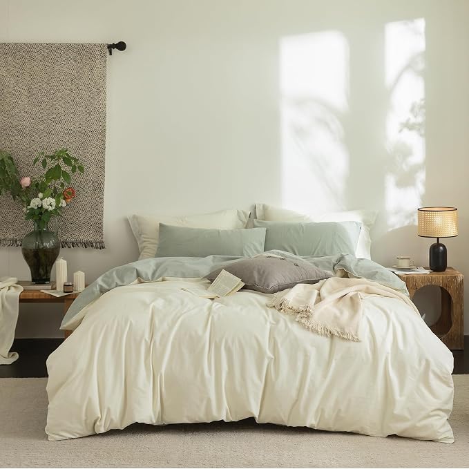 BDEAR 3Pcs Duvet Cover Set King Size 104" Wx90 L,Pale Yellow and Sage Green | 100% Washed Cotton, 1 Duvet Cover with 2 Pillowcases, Zipper Closure, OEKO TEX Standard,8 Corner Ties,Linen-Liked Texture