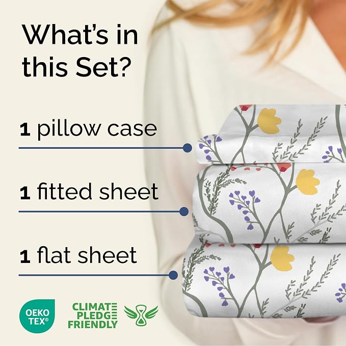 Twin 3 Piece Floral Sheet Set - Soft, Breathable & Cooling - Wild Flower | 1 Flat, 1 Fitted & 1 Pillowcase w/ Deep Pockets, Boho Botanical Floral Bedding, Breathable & Cooling, Wrinkle & Fade Free