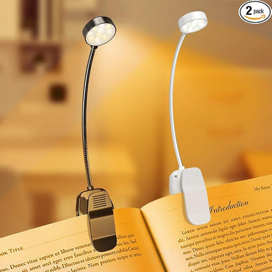KTEBO 2 Pack Rechargeable Book Light Clip-On Reading Light for Books in Bed | 9 eye-friendly modes from 3 color temperatures and 3 brightness, USB-C up to 30 hrs - Black & White