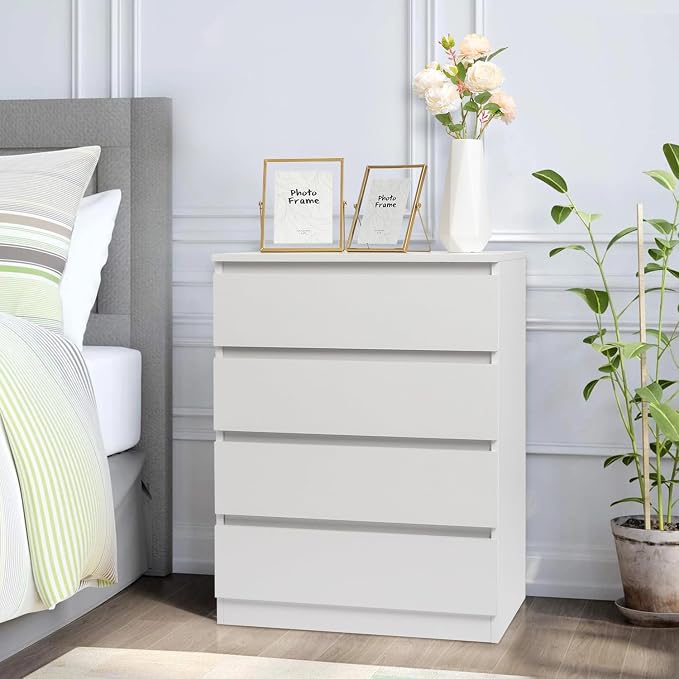 Vibe & Dine 4 Drawer Dresser, Modern Chest of Drawers Without Handle, Wooden Tall Nightstand for Bedroom, White