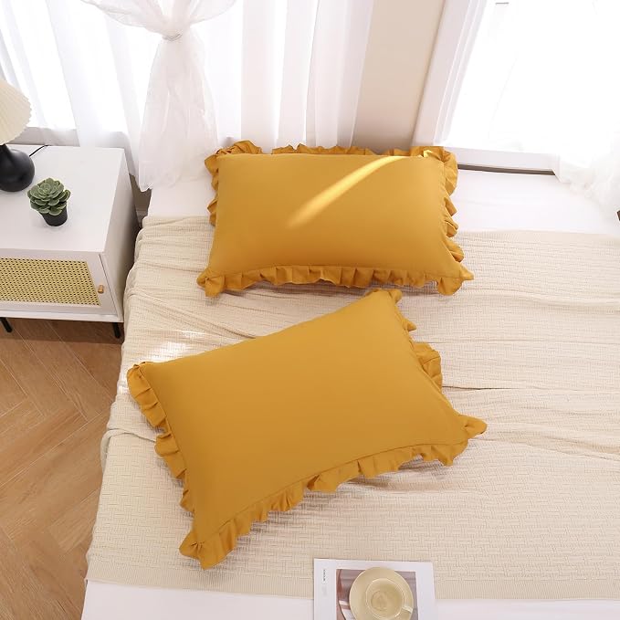 Merryword Mustard Yellow Pillowcases QueenPillowcases Set of 2 Ruffle Pillow Shams Cute Pillow Covers Solid Ruffled Fringe Design Yellow Shabby Chic Pillowcases 2 Pack