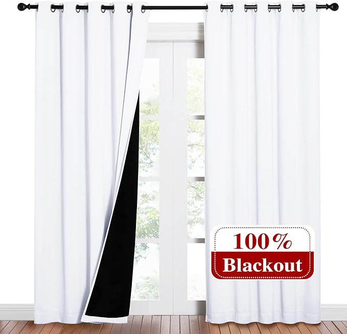 NICETOWN White Blackout Curtains for Nursery 62" Wide x 84" Long 2 Panels | 100% Room Darkening Cold Full Light Blocking Drapes with Black Liner, Thermal Insulated Draperies for Bedroom Window Decor