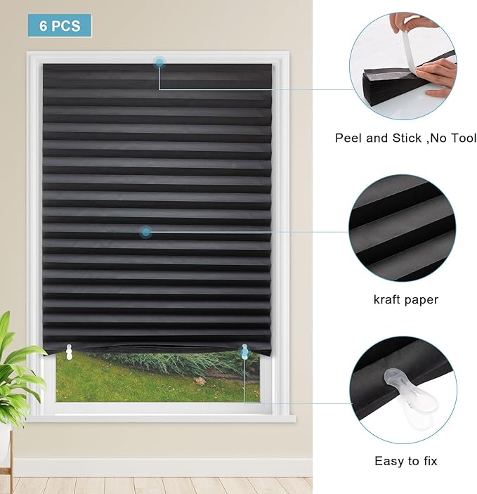 MYshade 6 Pack Temporary Blackout Paper Shades for Windows,Paper Pleated Blinds with Adhesive,No Tools No Drilling Free Cut Size Temporary Room Darkening Shades(Black, 36" W x 72" H)