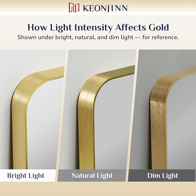 Keonjinn 30 x 30 Inch Brushed Gold Bathroom Mirrors for Over Sink | HD Tempered Glass, Shatter-Resistant, Brass Vanity Mirror, Anti-Rust Aluminum Frame, Rounded Rectangle, French Cleat Mount