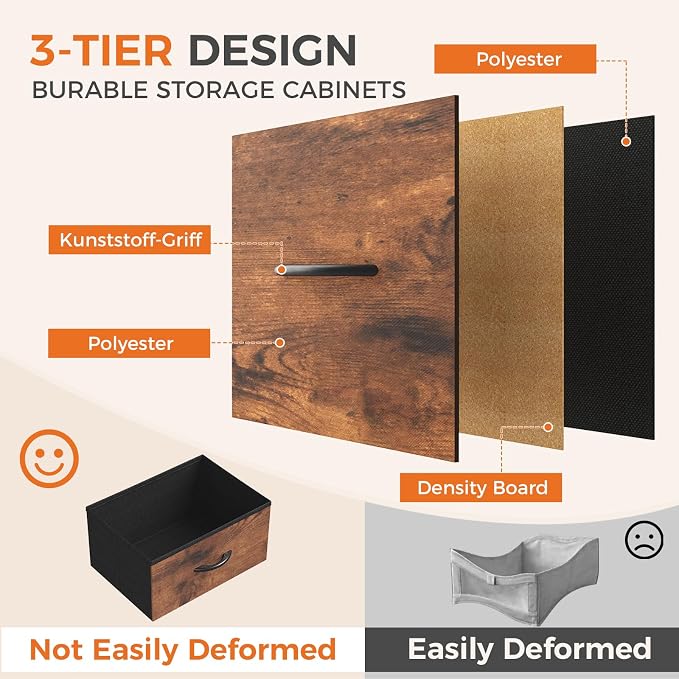 DUMOS Nightstand with 5 Fabric Drawers, Skinny Dresser | Night Stand Bedside Table, Removable Bins, Sturdy Steel Frame Wood Top, Storage Tower for Bedroom Closet, Rustic Brown