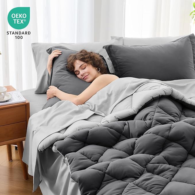 7 Pieces Oversized Queen Comforter Set, Reversible Bed in a Bag Oversized Queen Size, All Season Bedding Set, Flat Sheet, Fitted Sheet, Pillowcases & Shams, Dark Grey & Light Grey
