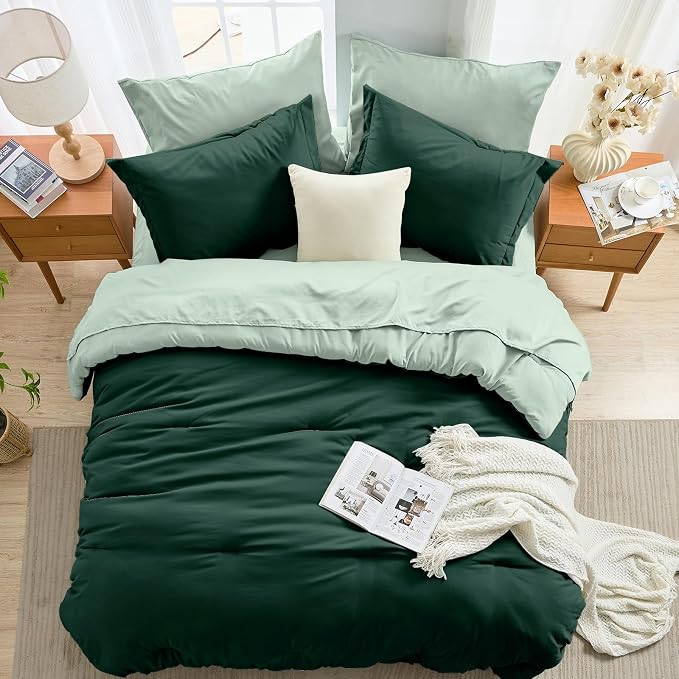 7 Pieces Queen Comforter Set, Soft Bed in a Bag Queen Size, All Season Bedding Set with Comforter, Flat Sheet, Fitted Sheet, Pillowcases & Shams, Forest Green & Sage Green