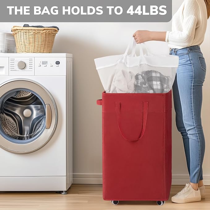 Goodpick 75L Collapsible Laundry Baskets with Wheels and Removable Wash Bag | Rolling Laundry Hamper with Handle for College Dorm and Laundry Room, Laundry Hamper on Wheels, Red