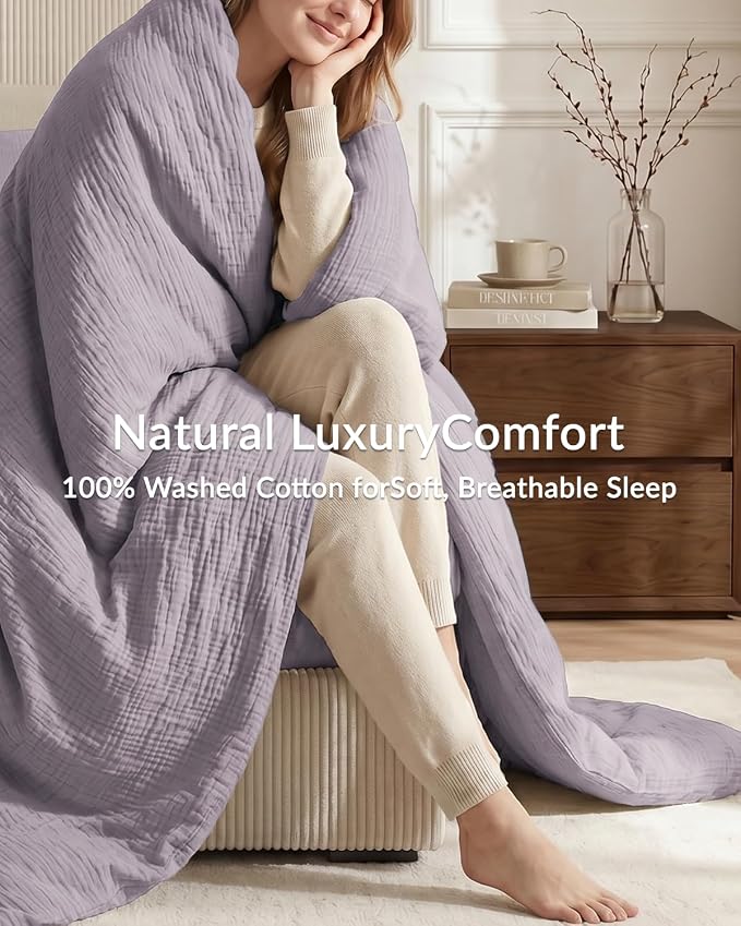 SE SOFTEXLY Muslin Duvet Cover Queen Size, 100% Washed Cotton Duvet Cover Set, Ultra Soft Comforter Cover Linen Like, 3 Pieces Minimalist Gauze Duvet Cover with 2 Pillowcases, 90"x90", Purple Grey