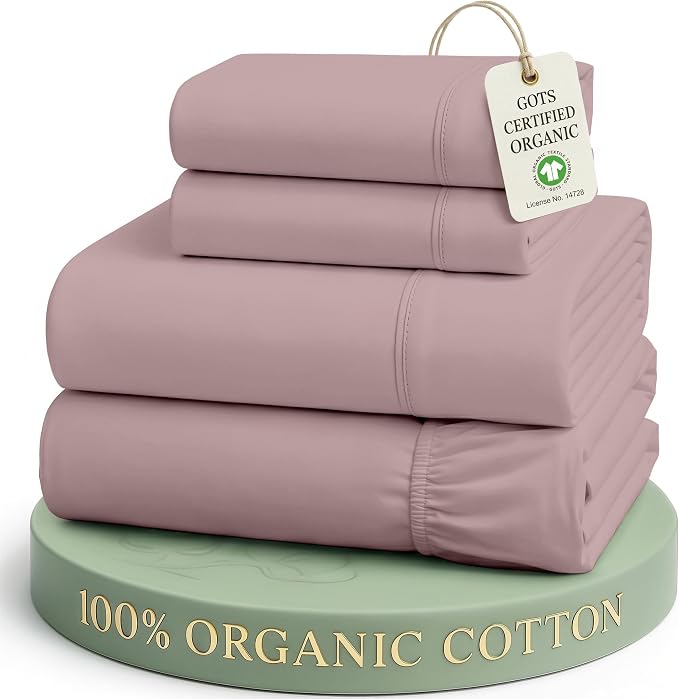 LANE LINEN Queen Sheet Set 100% Organic Cotton Soft 4pc Percale - Lilac | Queen Sheet Set, Organic Cotton Percale - Crisp, Cool & Breathable, For Hot Sleepers, All-Season Comfort, For Master Bedrooms