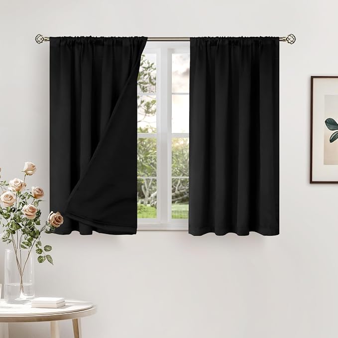 BGment Black Blackout Curtains for Bedroom 40 Inch Long 2 Panels | Thermal Insulated Black Out Curtains, Room Darkening Soundproof, Rod Pocket Window Curtains for Basement, 42 x 40 Inch