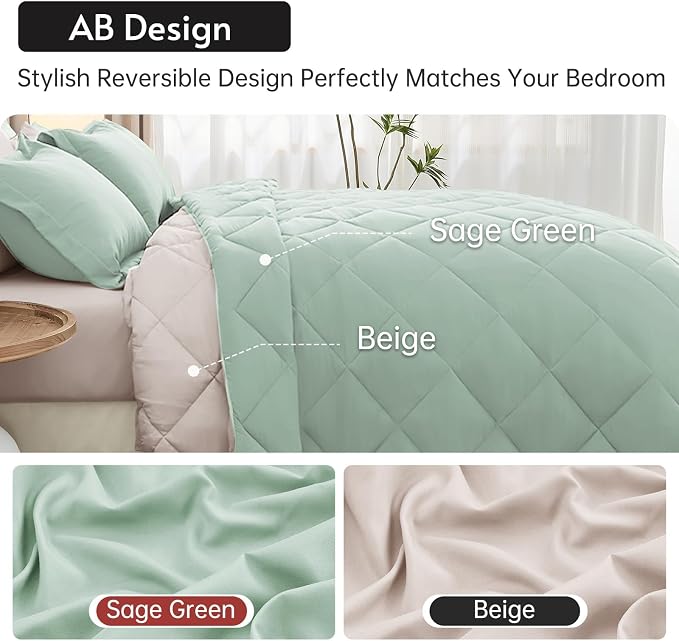 7 Pieces Queen Comforter Set, Reversible Bed in a Bag Queen Size, All Season Bedding Set with Comforter, Flat Sheet, Fitted Sheet, Pillowcases & Shams, Sage Green & Beige