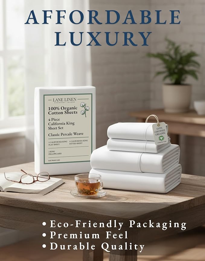 LANE LINEN California King Sheets 100% Organic Cotton 4pc Percale - White | Cal King Sheets In GOTS Certified Organic Cotton Percale - Cool All Summer, Cozy All Winter, Crisp Hotel-Style Feel