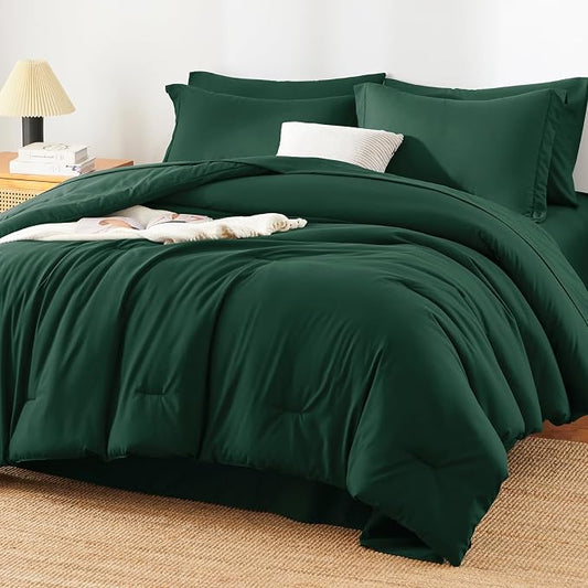 HIMEET King Comforter Set, 7-Piece Point-Quilted Bed in a Bag Emerald Green | OEKO-TEX Certified, Lightweight 240 GSM Comforter, Flat Sheet, 14-Inch Deep-Pocket Fitted Sheet, Pillowcases & Shams
