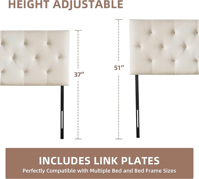 Linen Headboard King Size, Adjustable Height Headboard 37-51 in, Beige | Diamond Tufting Solid Wood King Headboards, Durable Metal Legs, Upholstered King Head Board for Bed Frame, Modern Fabric