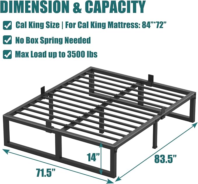 Yitong Angel California King Bed Frame, 14 Inch High 3500 lbs Metal Platform, Mattress Foundation with Steel Slat Support/No Box Spring Needed/Noise Free/Non-Slip/Easy Assembly