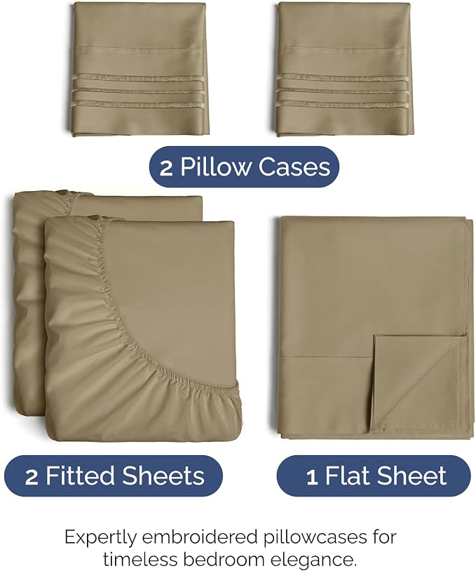 Split King Size 5 Piece Sheet Set - Breathable & Cooling Sheets - Khaki | Hotel Luxury Bed Sheets for Women & Men, Deep Pockets, Easy-Fit, Comfy, Soft and Wrinkle Free Sheets, Oeko-Tex Bed Sheet Set