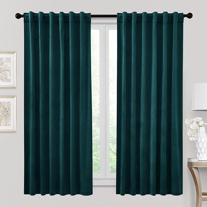 RYB HOME Velvet Room Darkening Curtains for Living Room 72 inches Long | Thermal Insulated,Privacy UV Heat Blocking,Noise Reducing,Drapes for Kids Room Sunroom,Peacock Blue,W52 x L72,2 Panels Set