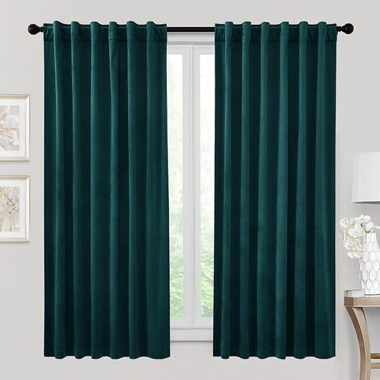 RYB HOME Velvet Room Darkening Curtains for Living Room 72 inches Long | Thermal Insulated,Privacy UV Heat Blocking,Noise Reducing,Drapes for Kids Room Sunroom,Peacock Blue,W52 x L72,2 Panels Set
