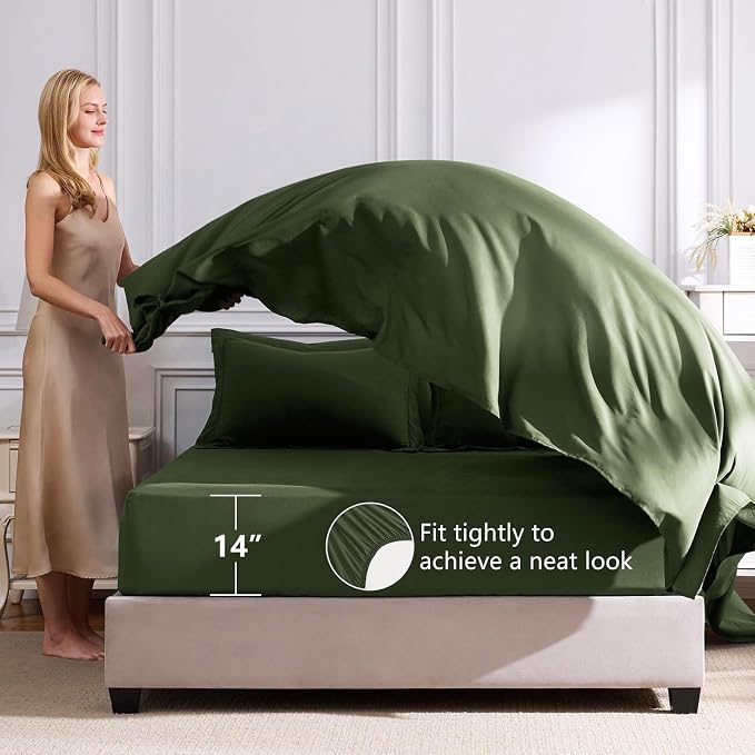 Full Size Comforter Sets Olive Green - 7 Pieces Bed in a Bag | OEKO-TEX Certified, All Season, 240GSM Down-Alternative Comforter, Sheets, Pillowcases & Shams, 14" Deep Pocket, Easy Care