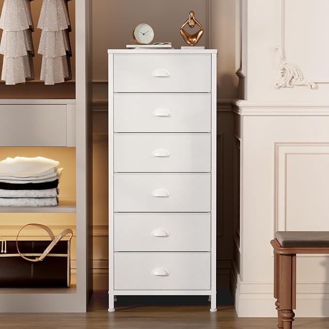 Furnulem White Dresser for Bedroom, 6 Fabric Drawers Chest of Drawers | Tall Skinny Dresser for Closet, Vertical Storage Tower Unit, Tall Nightstand for Dorm, Living Room, Metal Frame, Wooden Top