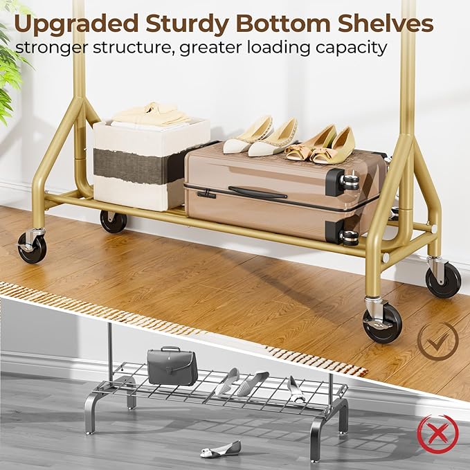 HYSEYY Heavy Duty Clothes Rack Load 450 LBS, Metal Garment Rack, Standing Rolling Clothing Rack for Hanging Clothes with Sturdy Wheels & Shelves, Portable Closet Wardrobe Rack,Gold