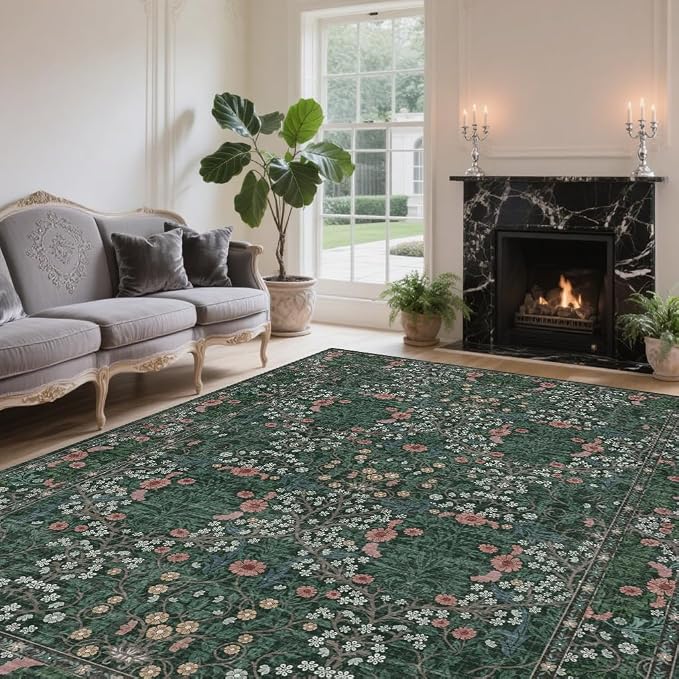 Vintage Green Living Room Rug, 6x9 Washable Area Rugs for Dining Room Under Table, Soft Low Pile Large Carpet Bedroom, Non-Slip Boho Floral (6 x 9 Green)