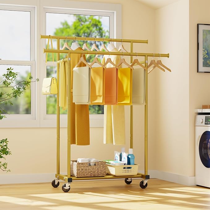 HYSEYY Double Rods Clothes Rack, Sturdy Rolling Clothing Rack, Portable Clothing Racks for Hanging Clothes - Metal Garment Rack Wardrobe Coat Rack for Bedroom Laundry Living Room, Gold