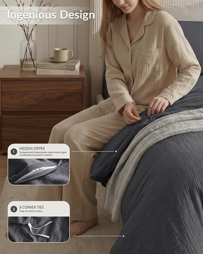 SE SOFTEXLY Muslin Duvet Cover California King Size, 100% Washed Cotton Duvet Cover Set, Ultra Soft Comforter Cover Linen Like, 3 Pieces Gauze Duvet Cover with 2 Pillowcases, 98"x104", Dark Grey