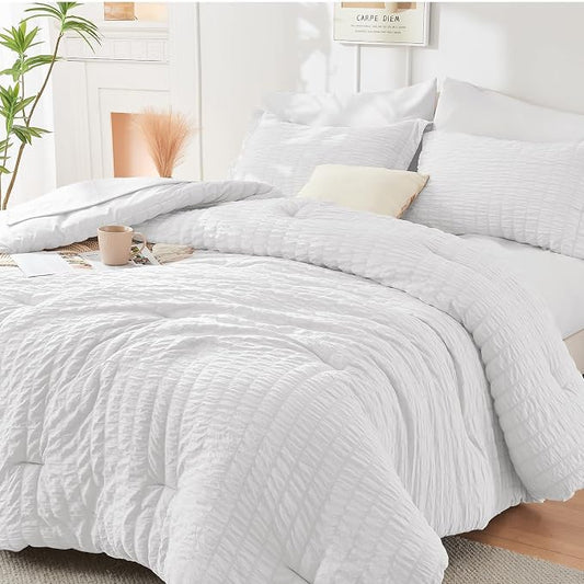 HYMOKEGE White Full Size Comforter Sets Seersucker 7 Pieces, All Season Luxury Bed in a Bag for Bedroom, Bedding Set with Comforters, Sheets, Pillowcases & Shams